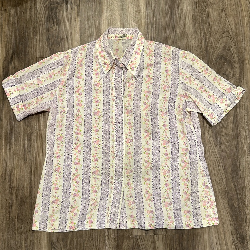 🌸 Vintage 70s Miss K Floral Stripe Button-Up Blouse - Cottagecore Dream